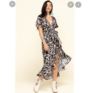 Nikki Erin black floral Surplice Hi low Wrap dress